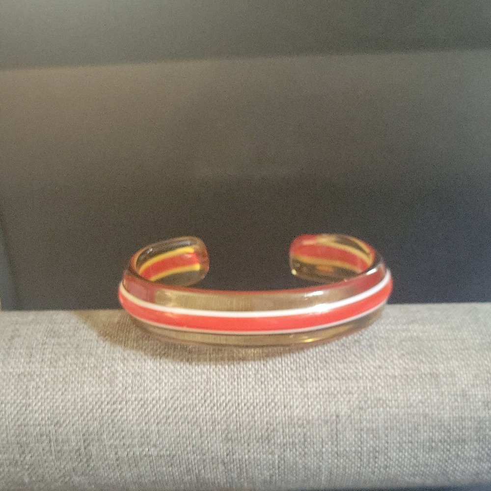 Vintage Lucite Acrylic Striped Cuff Bracelet Amber Red White Size Medium Retro